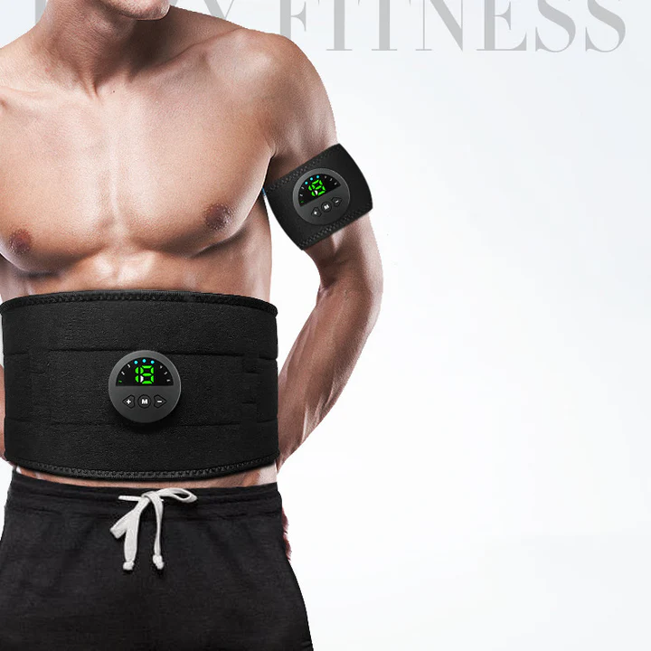 Man wearing EMS muscle stimulator belt and arm band