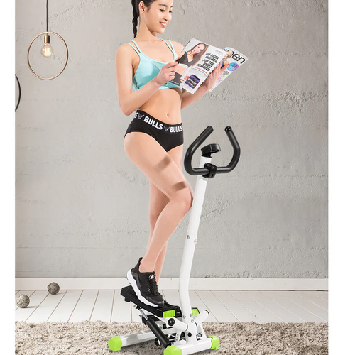 Woman stepping on mini stepper machine at home – side lifestyle view