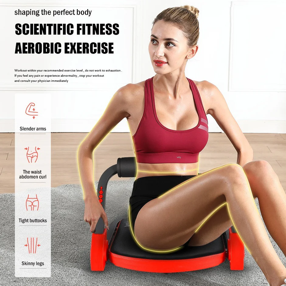 Woman using AB Crunch machine for aerobic exercise – slender arms, waist curl, tight buttocks, skinny legs