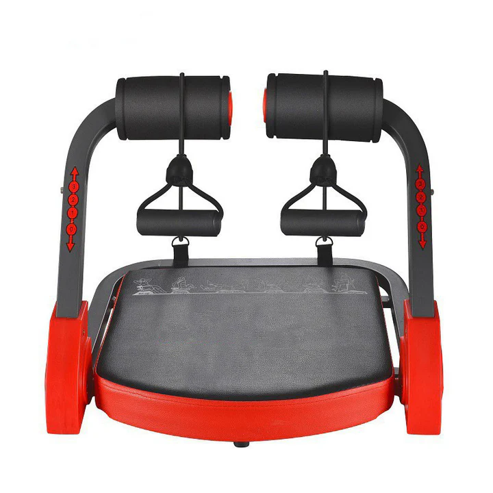 AB Crunch Total Body Fitness Machine front view – red and black design with foam rollers and resistance bands