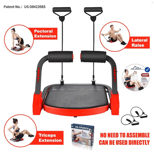 AB Crunch machine full product view with resistance bands, workout DVD, and exercise mode callouts